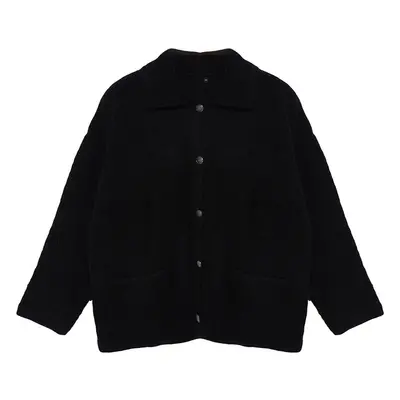 Trendyol Curve Black Polo Collar Boucle Knit Cardigan