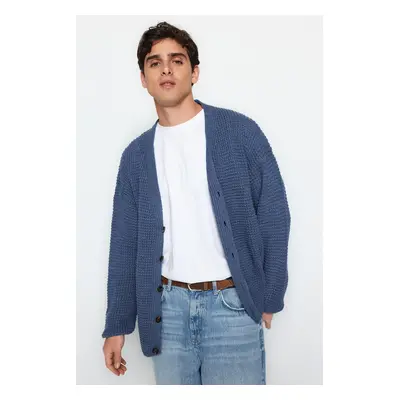 Trendyol Indigo Oversize Fit Couple/Double Wide Mold V Neck Textured Cardigan