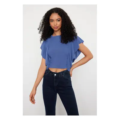 Trendyol Indigo Sleeves Ruffle Detailed Crew Neck Stretchy Knitted Blouse