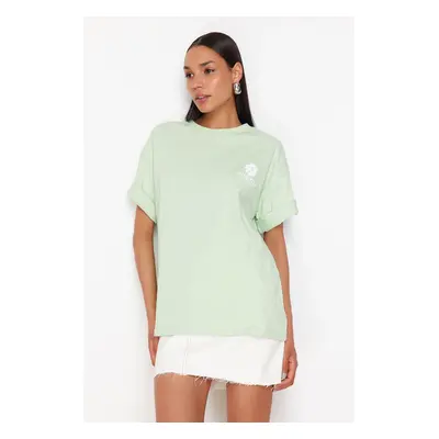 Trendyol Mint Back Printed Oversize/Wide Fit Crew Neck Knitted T-Shirt