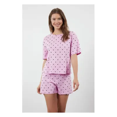 Trendyol Pink 100% Cotton Heart Patterned T-shirt-Shorts Knitted Pajama Set