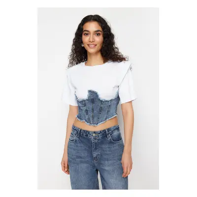 Trendyol White Denim Detailed Crop Padded Knitted Blouse