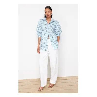 Trendyol Blue Bow Patterned Striped Oversize Wide Fit Woven Shirt