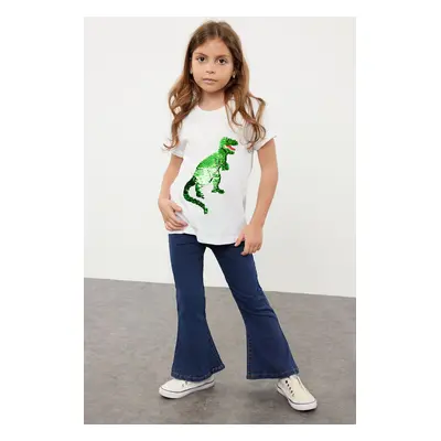 Trendyol White Boy's Dinosaur Sequined Short Sleeve Cotton Knit T-Shirt