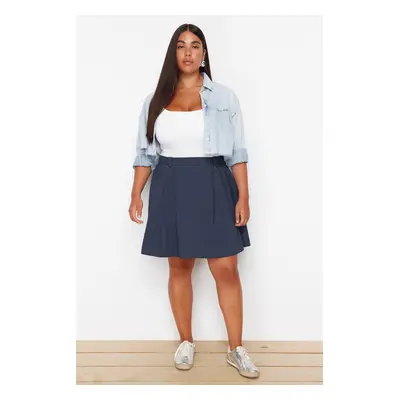 Trendyol Curve Navy Blue Pleated Buckle Detailed Mini Woven Plus Size Skirt