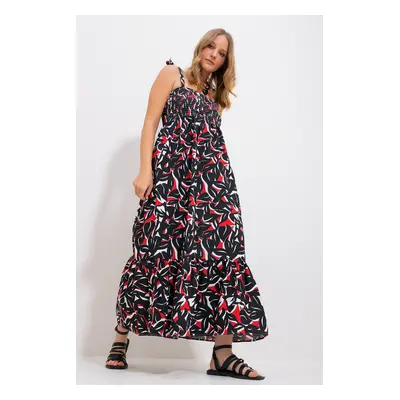 Trend Alaçatı Stili Women's Black Strap Skirt Flounce Floral Pattern Gimped Woven Dress