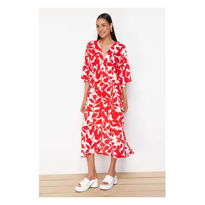 Trendyol Red Floral Patterned A-Line Double Breasted Midi Woven Dress DWOSS24EL00913