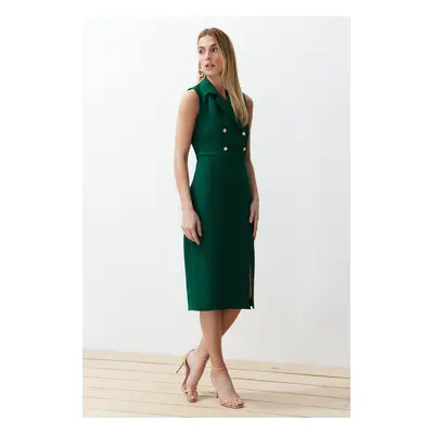 Trendyol Emerald Green Fitted Button Detailed Slit Midi Pencil Skirt Woven Dress