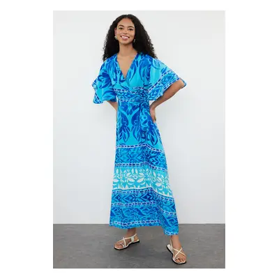 Trendyol Blue Ethnic Belted Patterned A-Line Double Breasted Collar Woven Dress