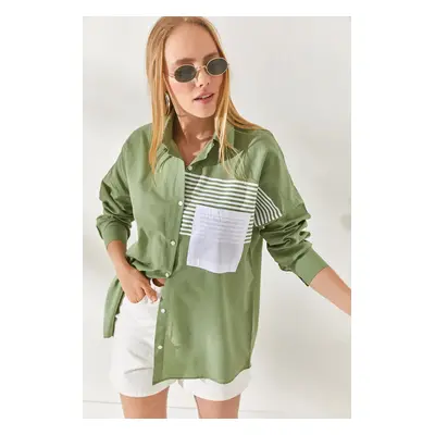 Olalook Musty Green Oversized Woven Shirt with Pocket Detail