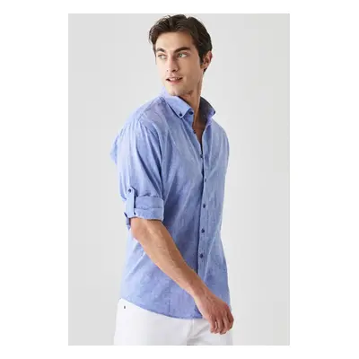 AC&Co / Altınyıldız Classics Men's Saks Blue Linen Comfort Fit Relaxed Cut Button Collar Casual 