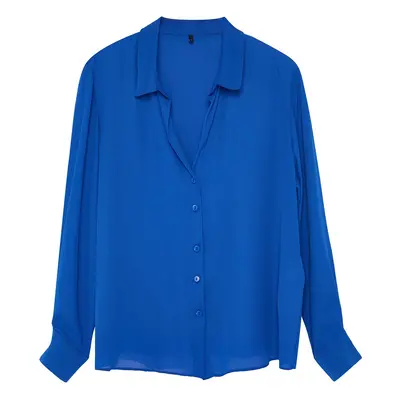 Trendyol Curve Blue Buttoned Regular Cut Woven Plus Size Shirt