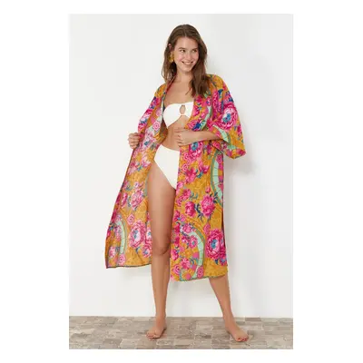 Trendyol Ethnic Pattern Belted Midi Woven 100% Cotton Kimono & Kaftan