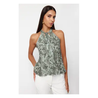 Trendyol Khaki Animal/Snake Printed Special Textured Stretchy Knitted Blouse with Tie Detail