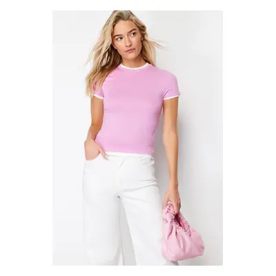 Trendyol Pink Viscose/Soft Fabric Color Block Body Fitting Stretchy Knitted T-Shirt