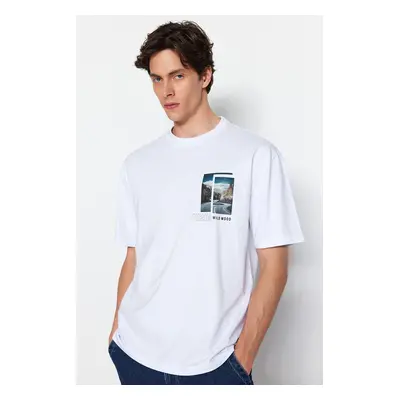 Trendyol White Oversize/Wide Cut Short Sleeve Landscape Printed T-Shirt