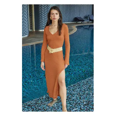 Trendyol Brown Fitted Maxi Knitted Slit Beach Dress