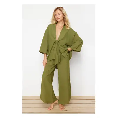 Trendyol Khaki Woven Tied Linen Blend Shirt Trousers Beach Suit