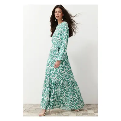 Trendyol Green Shawl Patterned Belted Woven Dress