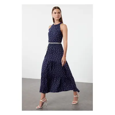 Trendyol Navy Blue Polka Dot Patterned A-Line Barbell Neck Maxi Woven Dress