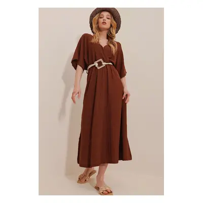 Trend Alaçatı Stili Women's Brown Double Breasted Collar Waist Belted Midi Dress