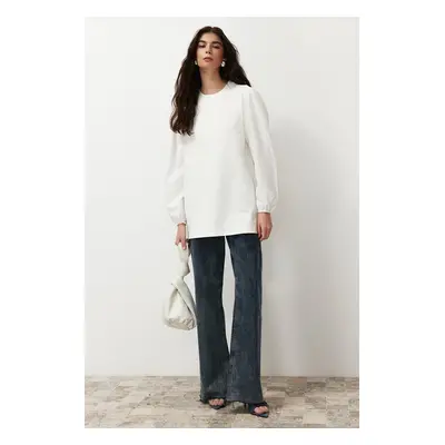 Trendyol White Sleeve Poplin Knitted Sweatshirt