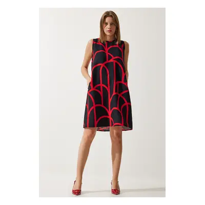 Happiness İstanbul Women's Black Red Patterned Summer Bell Dress