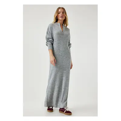 Happiness İstanbul Women's Gray Zippered Collar Ribbed Long Knitwear Dress