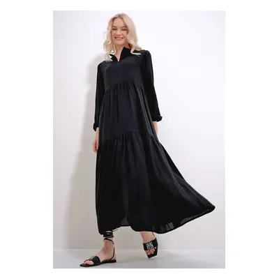 Trend Alaçatı Stili Women's Black Boat Neck Balloon Sleeve Layered Flounced Waist Belted Woven V