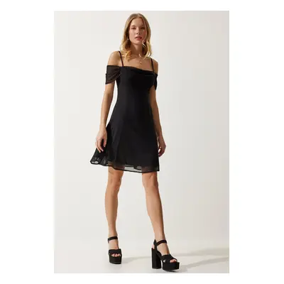 Happiness İstanbul Women's Black Strap Collar Chiffon Dress