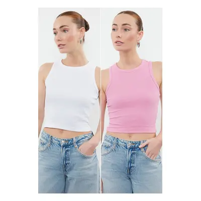 Trendyol Pink-White Pack Fitted Crop Halter Neck Ribbed Flexible Knitted Undershirt