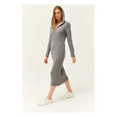 Olalook Women's Smoked Zippered Hooded Thick Ribbed Midi Dress Elb