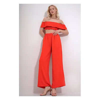 Trend Alaçatı Stili Women's Coral Madonna Collar Gimped Crop Blouse And Palazzo Pants Woven Bott