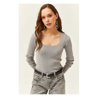 Olalook Women's Gray Square Neck Thick Ribbed Knitwear Blouse