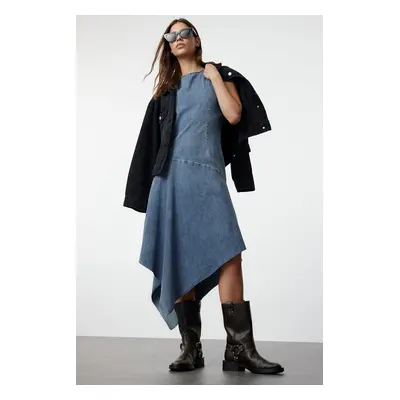 Trendyol Blue Stitching Detailed Asymmetrical Midi Denim Dress