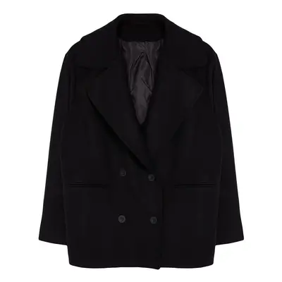 Trendyol Curve Black Regular Fit Double Breasted Closure Wool Blend Stretch Coat