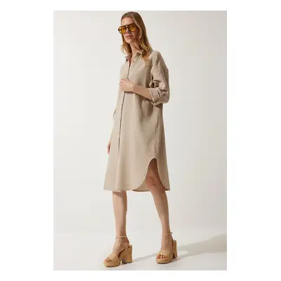 Happiness İstanbul Women's Beige Oversize Muslin Shirt Dress