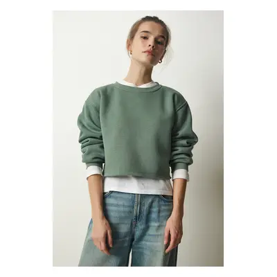 Happiness İstanbul Women's Almond Green Crew Neck Raised Crop Knitted Sweatshirt