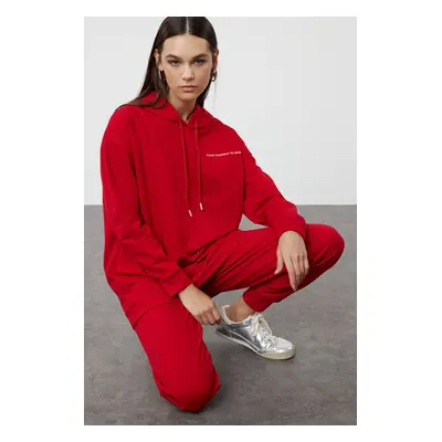 Trendyol Red Hooded Slogan Printed Knitted Tracksuit