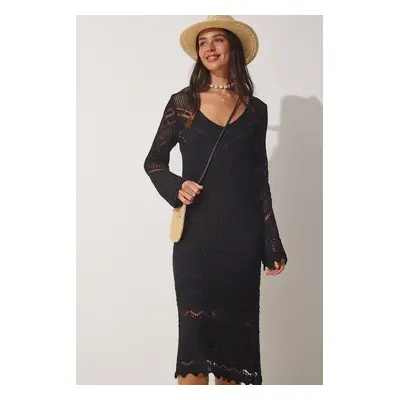 Happiness İstanbul Women's Black Spanish Sleeve Summer Openwork Knitwear Dress