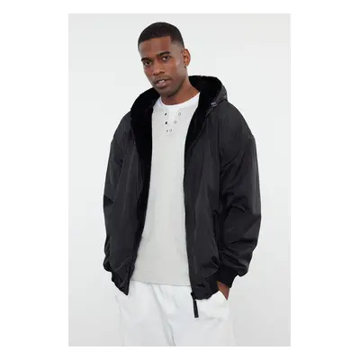 Trendyol Unisex Black Plush Double-Sided Hooded Winter Coat