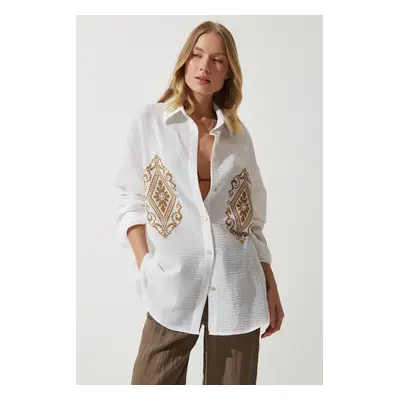 Happiness İstanbul Women's White Embroidered Oversize Linen Cotton Shirt