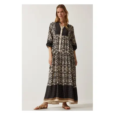 Happiness İstanbul Women's Black Beige Patterned Oversize Summer Viscose Dress