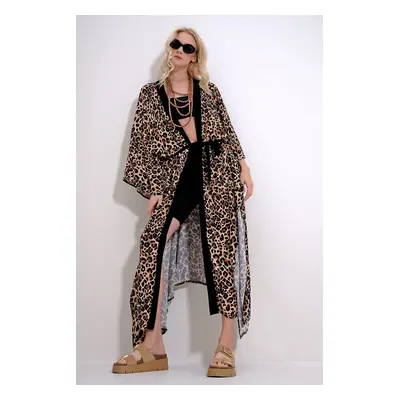 Trend Alaçatı Stili Women's Beige Leopard Patterned Bellows Belted Maxi Length Kimono Caftan