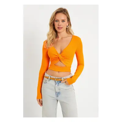 Cool & Sexy Women's Front Knotted Crop Blouse Orange