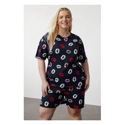 Trendyol Curve Navy Blue Patterned Knitted Pajama Set