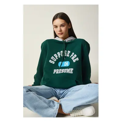 Happiness İstanbul Women's Emerald Green Hooded Rayon Printed Sweatshirt