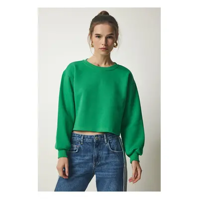 Happiness İstanbul Women's Green Crew Neck Raised Crop Knitted Sweatshirt