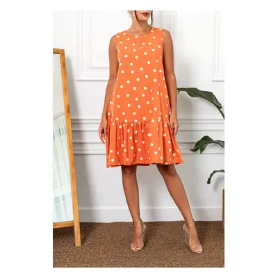 armonika Women's Orange Daisy Pattern Sleeveless Frilly Skirt Dress