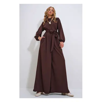 Trend Alaçatı Stili Women&#39;s Brown High Collar Back Zipper Princess Sleeve Waist Belted Jumps